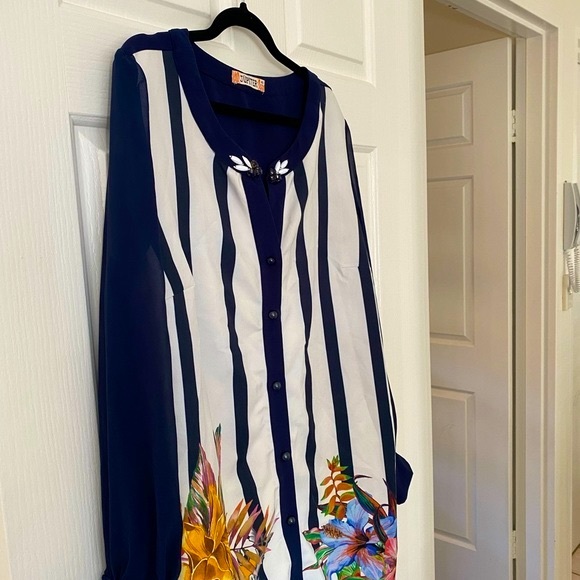 Floral Pattern Stripe Adornment Bottom Down Dress - Picture 12 of 17